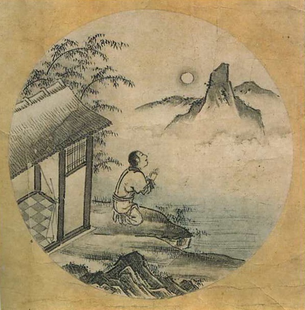 Panel #7 of the Ten Oxherding Pictures by Kaku-an Shi-en. A man is looking up to the moon and mountains, praying, his house behind him.